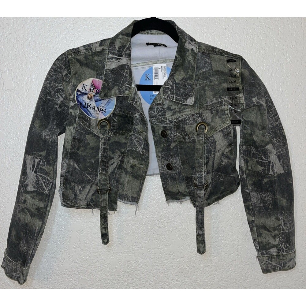 Kroix Cropped Jean Jacket Kid Girls L (12) Camouflage Raw Hem